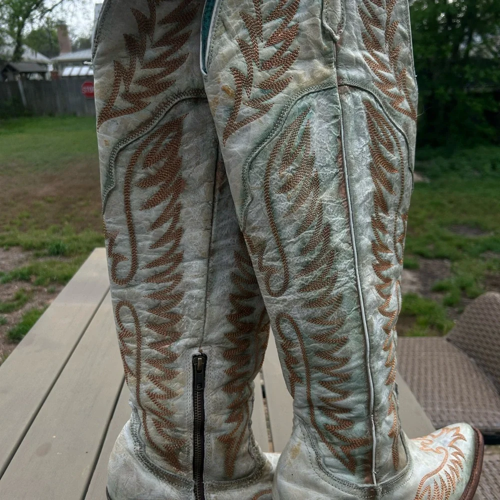 Corral Women's Embroidered Over-the-Knee Boots in Light Gray and Tan